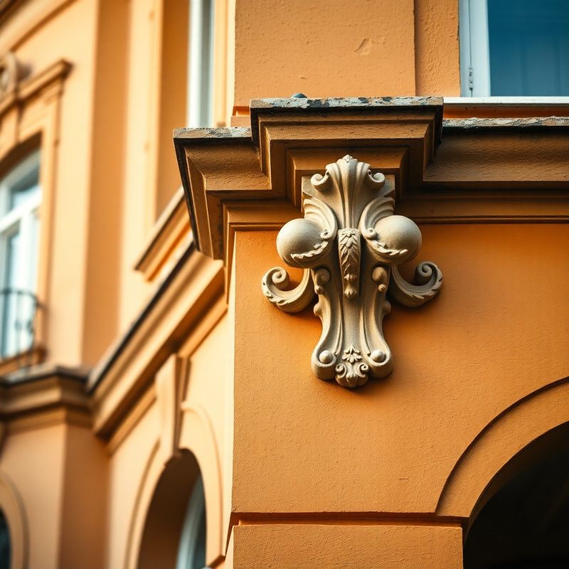 Detaliu ornamental pe o fațadă interbelică, cu vopsea verde-mentă exfoliată