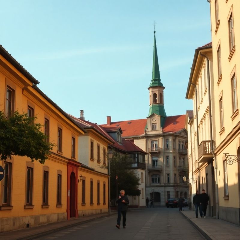 Stradă brașoveană cu fațade interbelice în lumină de după-amiază